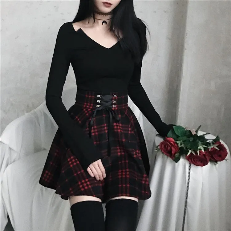 Black Red Plaid Ribbon Skirt SD00452