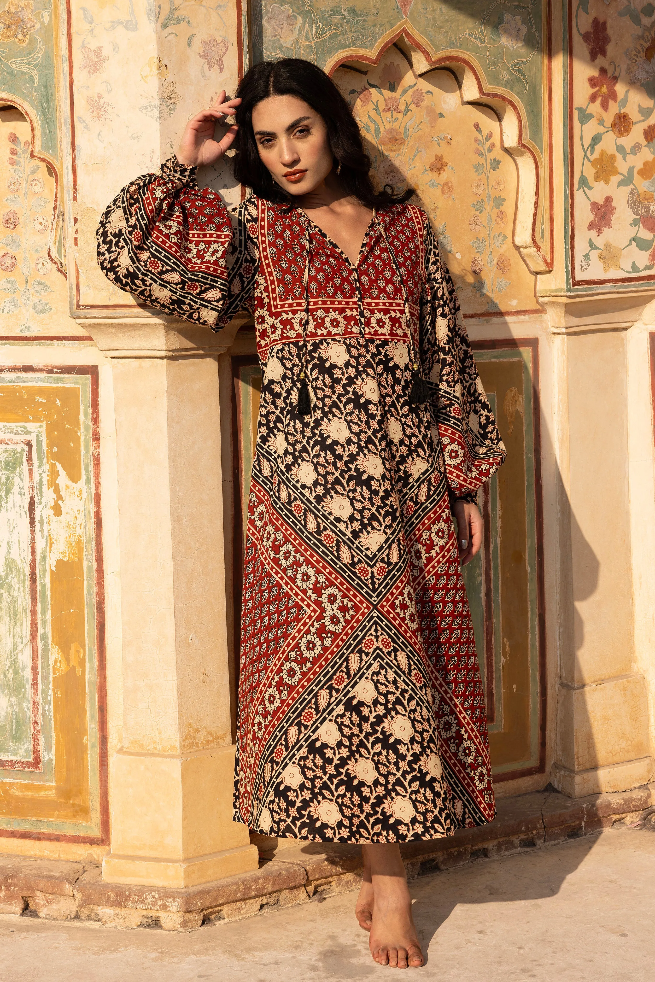 Blossom Cotton Maxi Dress - Aya Red Blockprint