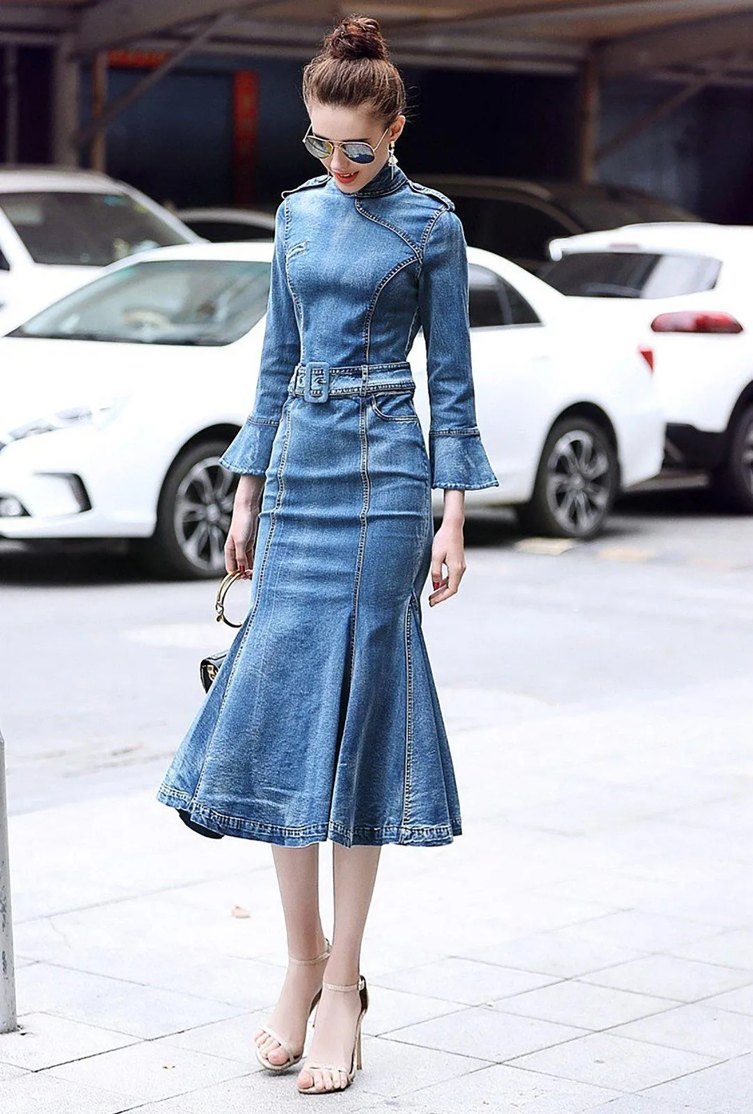 Blue Denim Stretch Slim Fit Midi Trumpet Dress