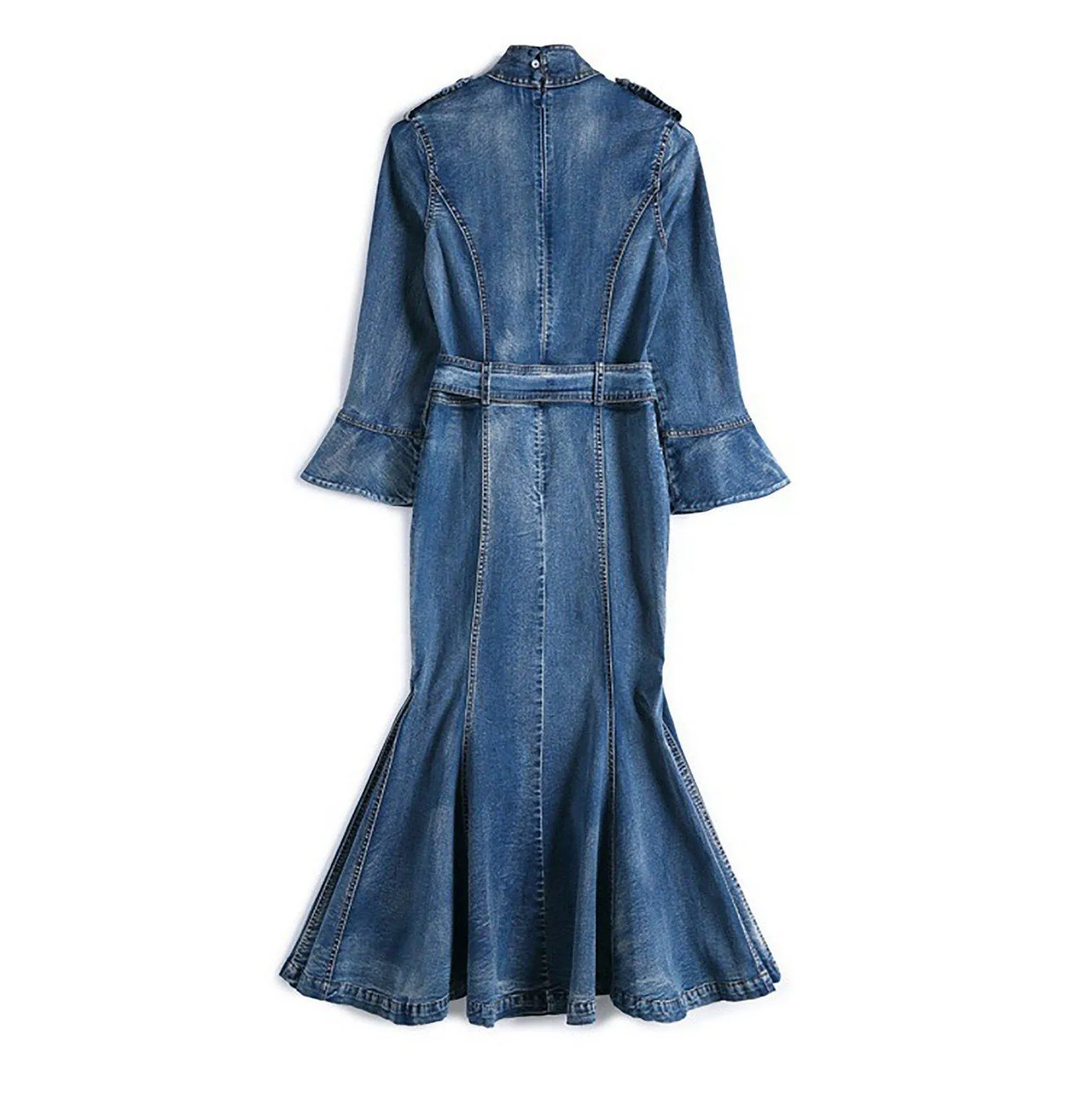 Blue Denim Stretch Slim Fit Midi Trumpet Dress