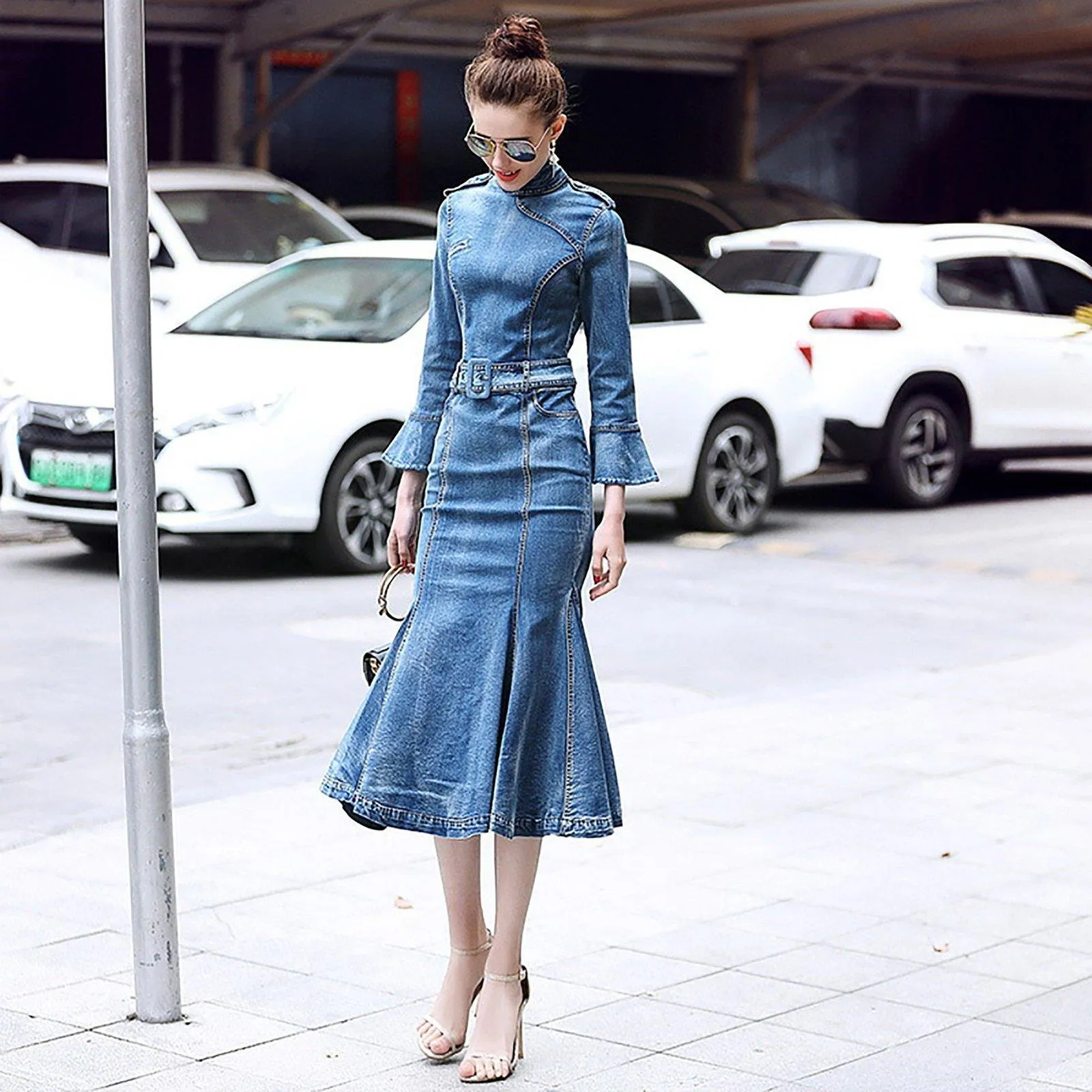 Blue Denim Stretch Slim Fit Midi Trumpet Dress