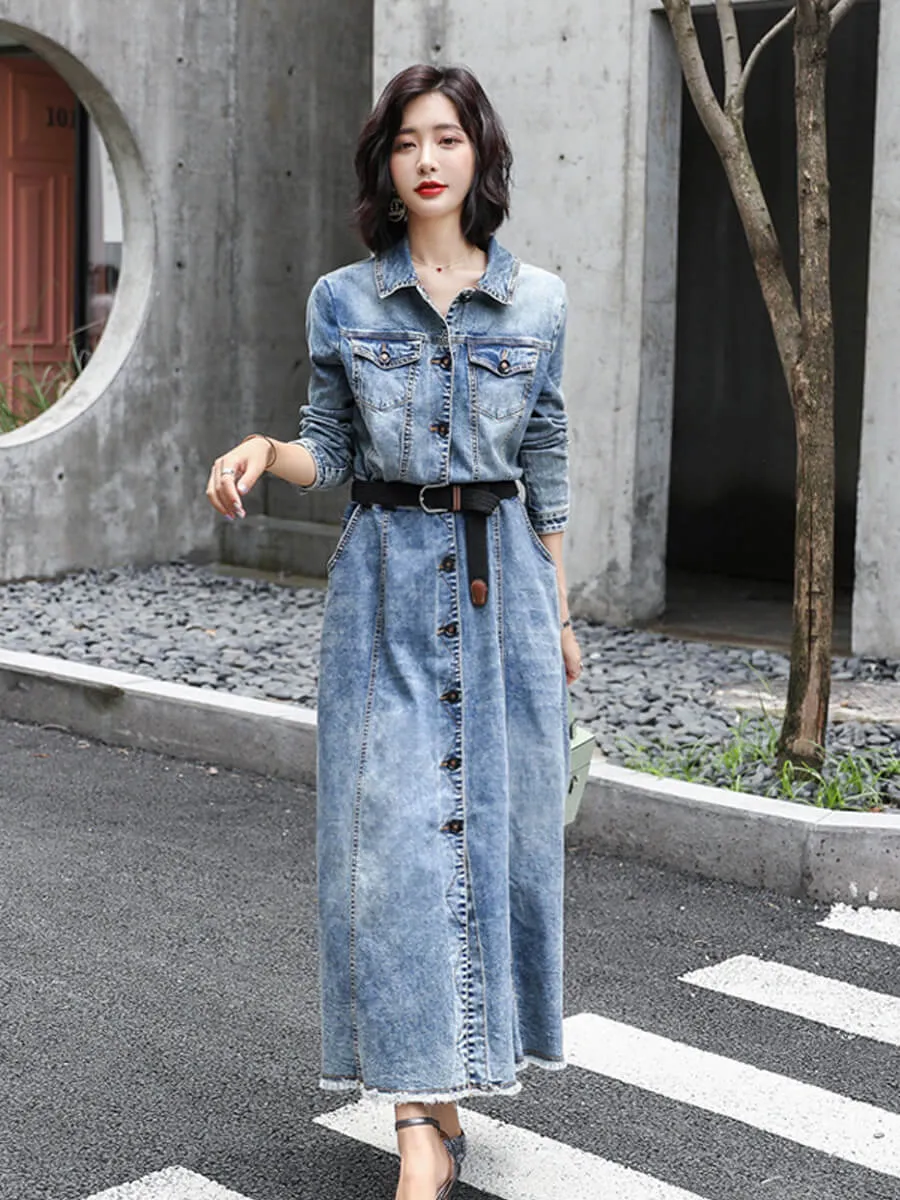 Blue Denim Stretch Slim Fit Midi Trumpet Dress