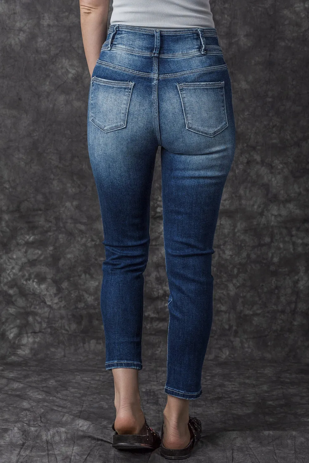 Blue Vintage Washed Two-button High Waist Skinny Jeans