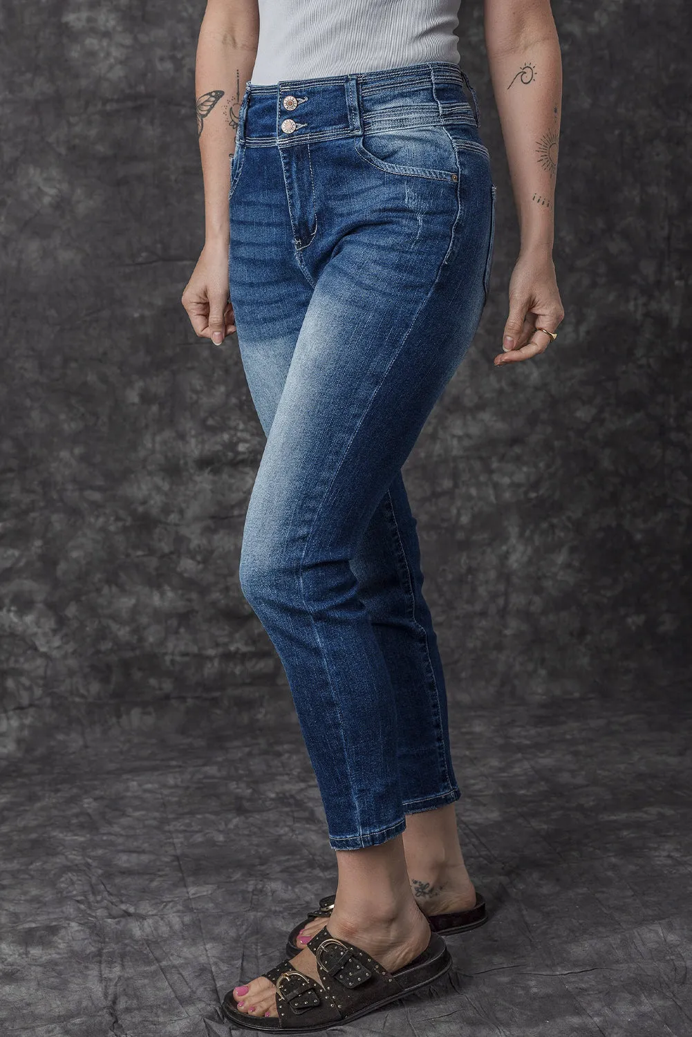 Blue Vintage Washed Two-button High Waist Skinny Jeans