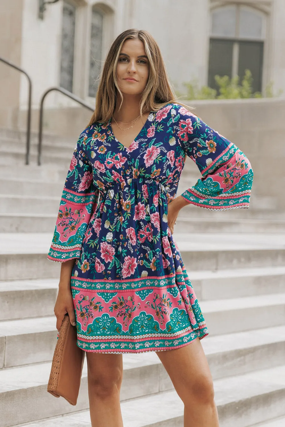 Bohemian V-Neck Mini Dress - Chic Summer Beach Wedding Guest Attire for Women