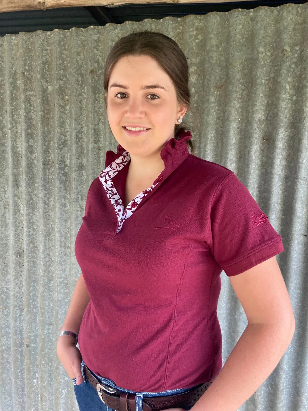 Burnett - Burgundy Ruffle Polo Shirt with fancy trim