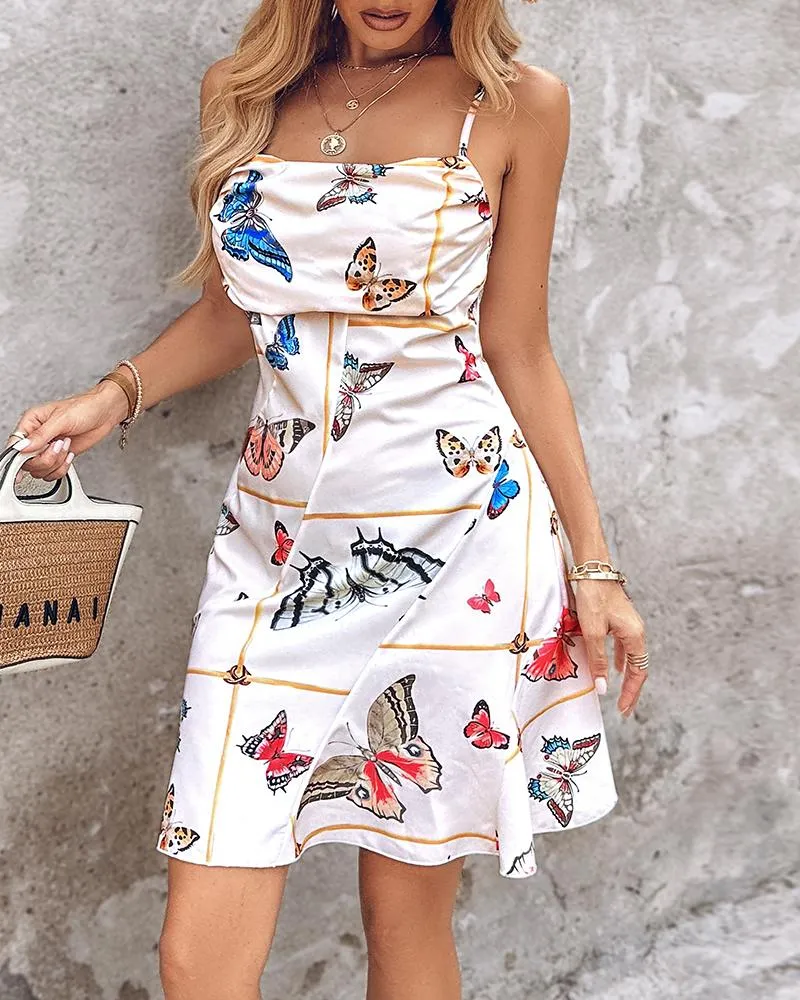 Butterfly Print Cowl Neck Cami Casual Dress