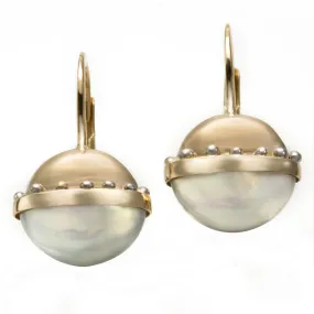 Caribbean Dreams 14K Gold DomeCapped Half Coin Pearl Lever Back Earrings with Platinum Accent Beads