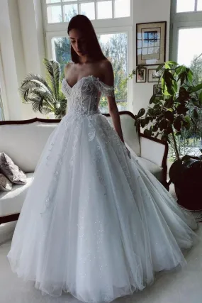 Charming Long A-line Off-the-shoulder Tulle Wedding Dress with Glitter