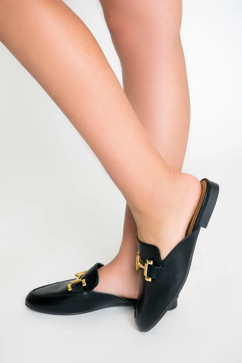 Clara Gold Buckle Mules - Black