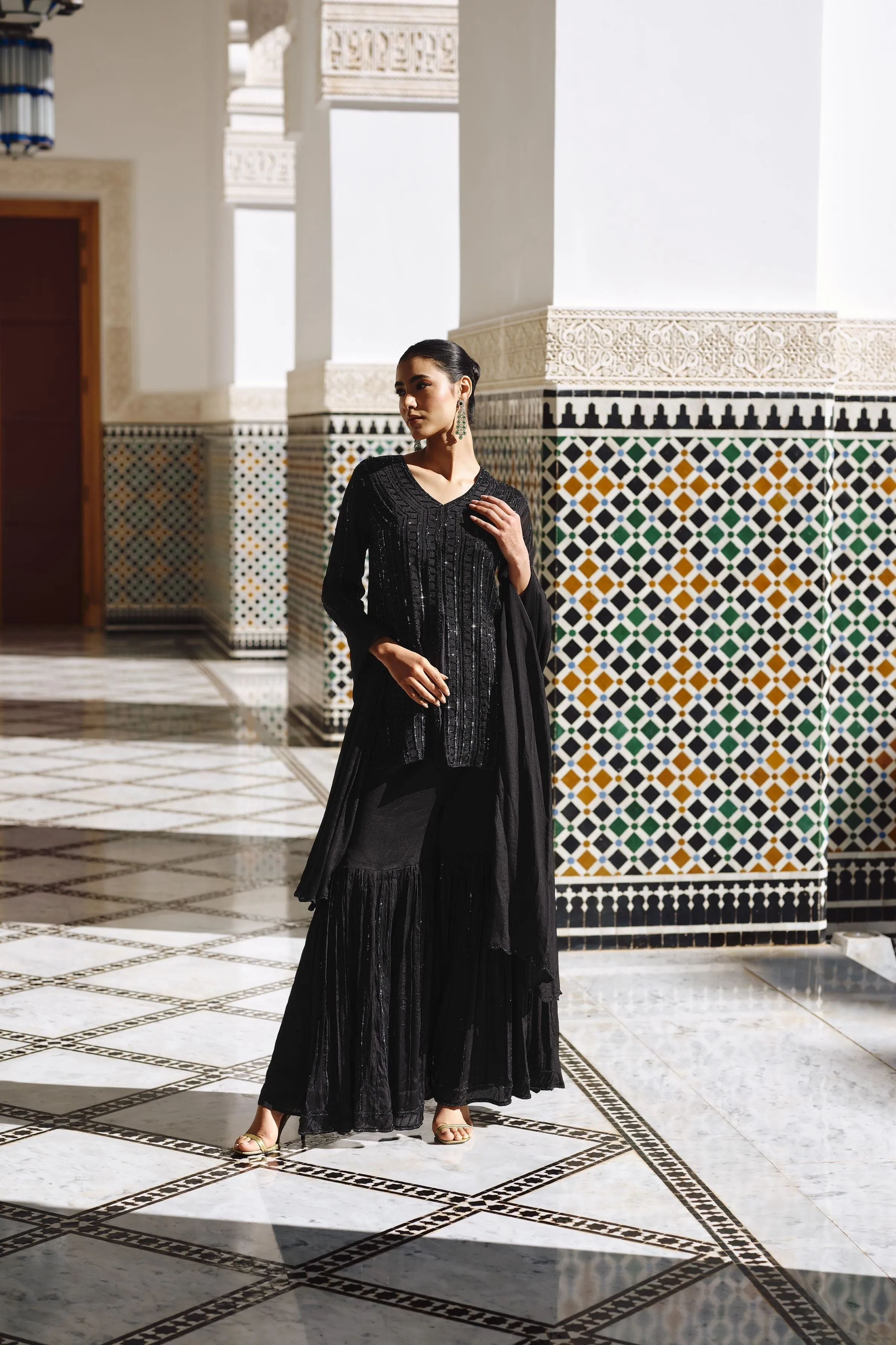 Classic Black Embellished Premium Silk Sharara Set