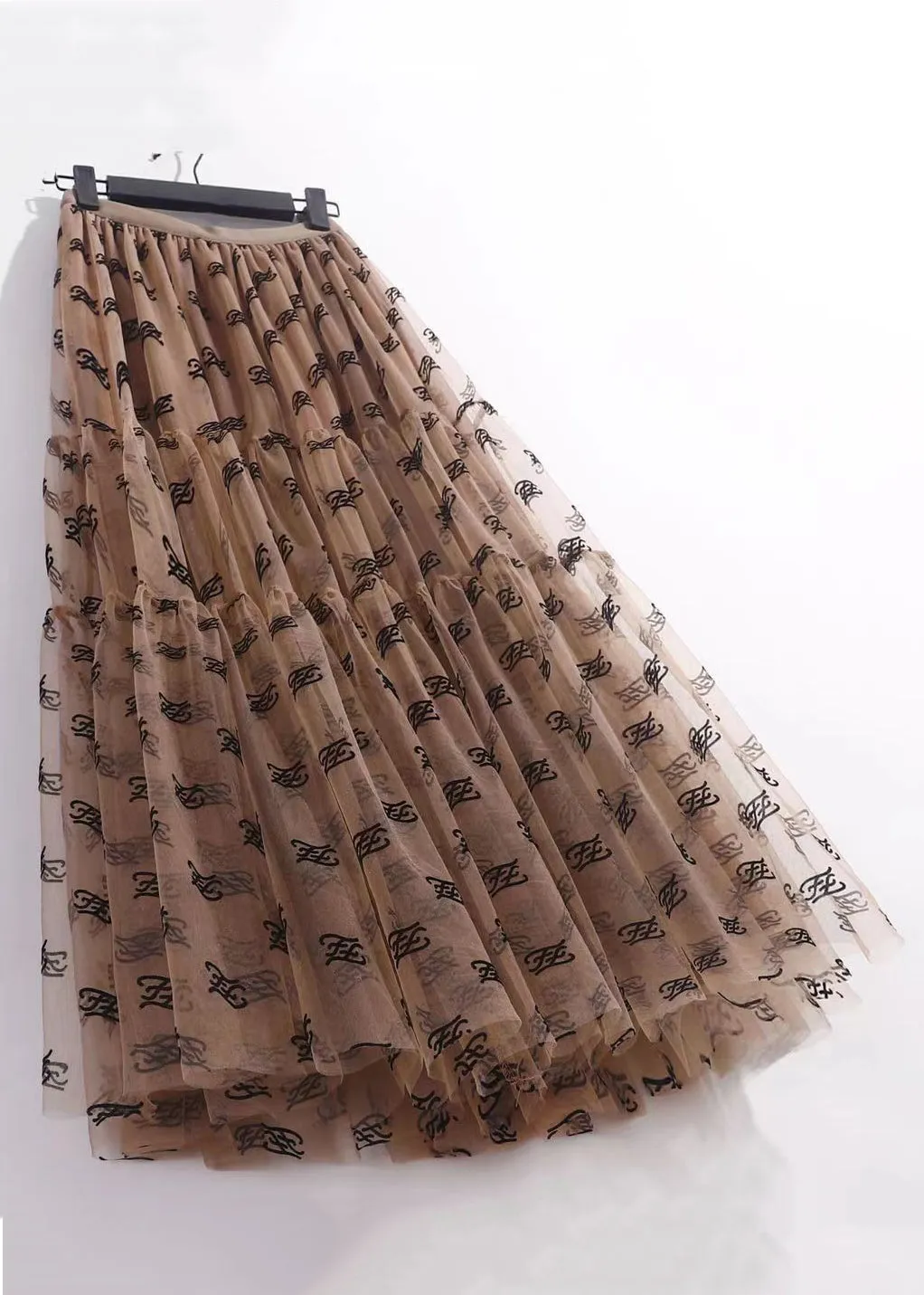 Coffee Wrinkled Tulle Skirt High Waist Summer AS1096