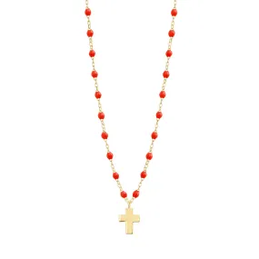 Cross Charm Classic Gigi Coral necklace, Yellow Gold, 16.5"