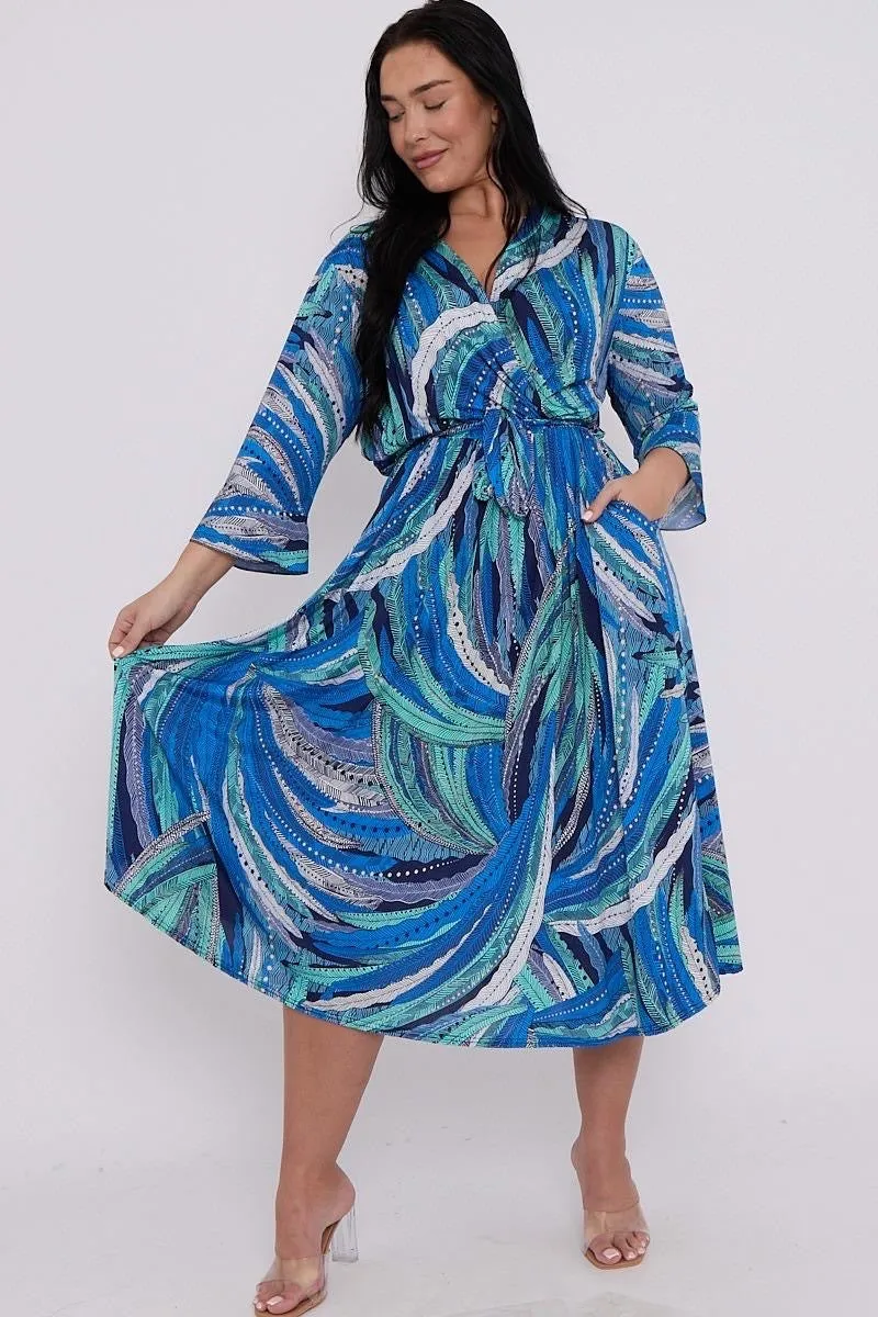 Dani Faux Wrap Dress in Blue Feather