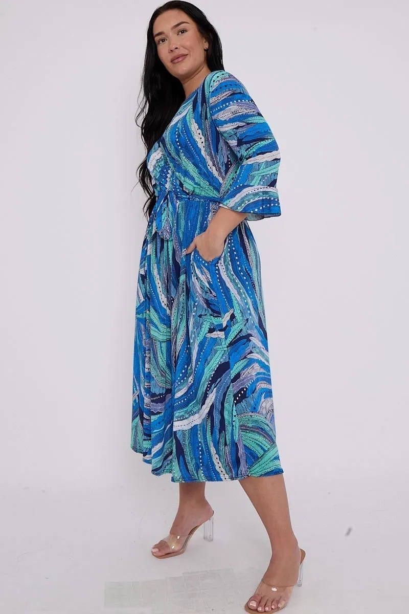 Dani Faux Wrap Dress in Blue Feather