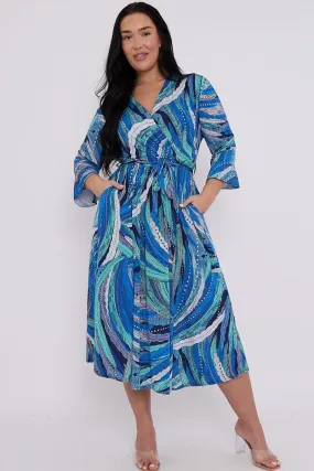 Dani Faux Wrap Dress in Blue Feather