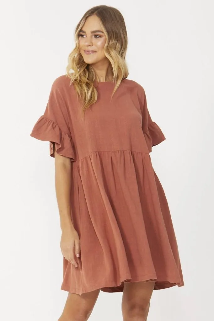 Daphne Clay  Linen SS Ruffle Sleeve Single Tiered Mini Dress