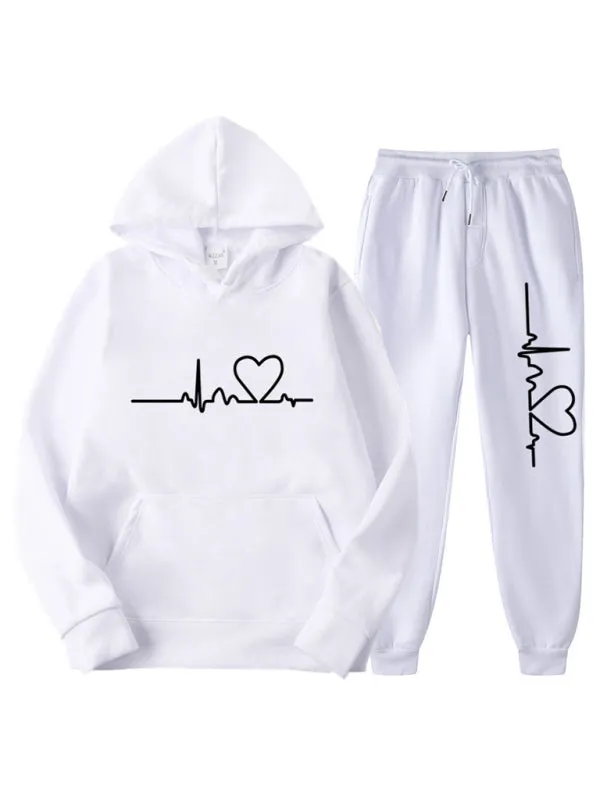 ECG Print Hoodie women and Men's Fleece Sweatshirt Set