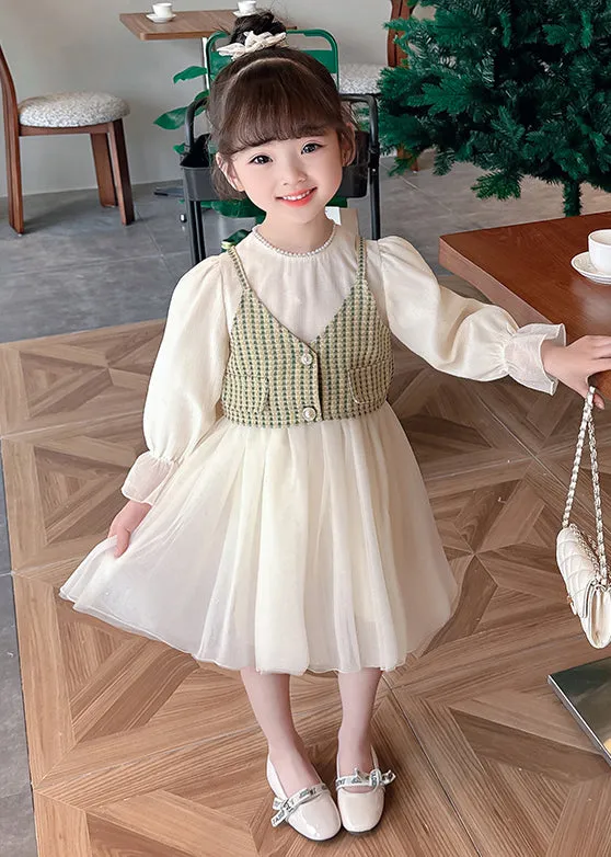 Elegant Green Button Waistcoat And Dress Tulle Kids Two Pieces Set Fall XZ075