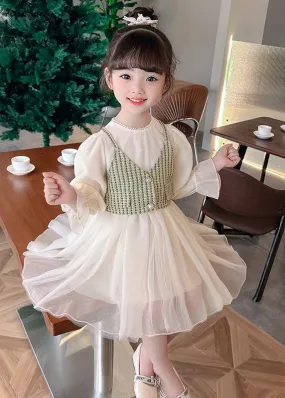 Elegant Green Button Waistcoat And Dress Tulle Kids Two Pieces Set Fall XZ075