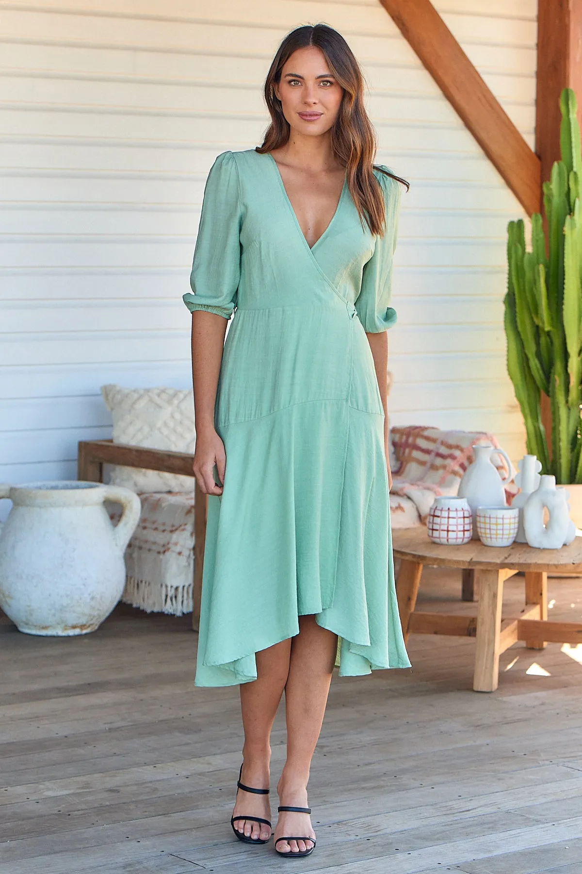 Elloise Green 3/4 Length Sleeve Wrap Maxi Dress