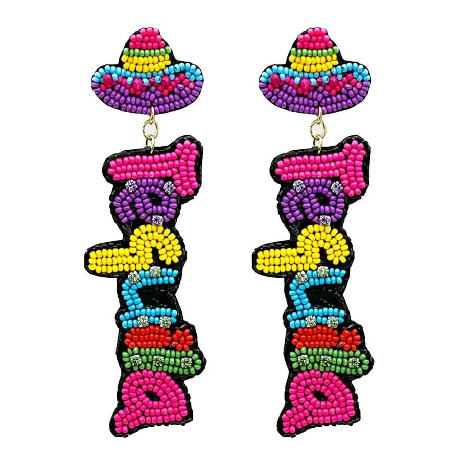 Felt Back Seed Beaded Tequila Message Fiesta Dangle Earrings