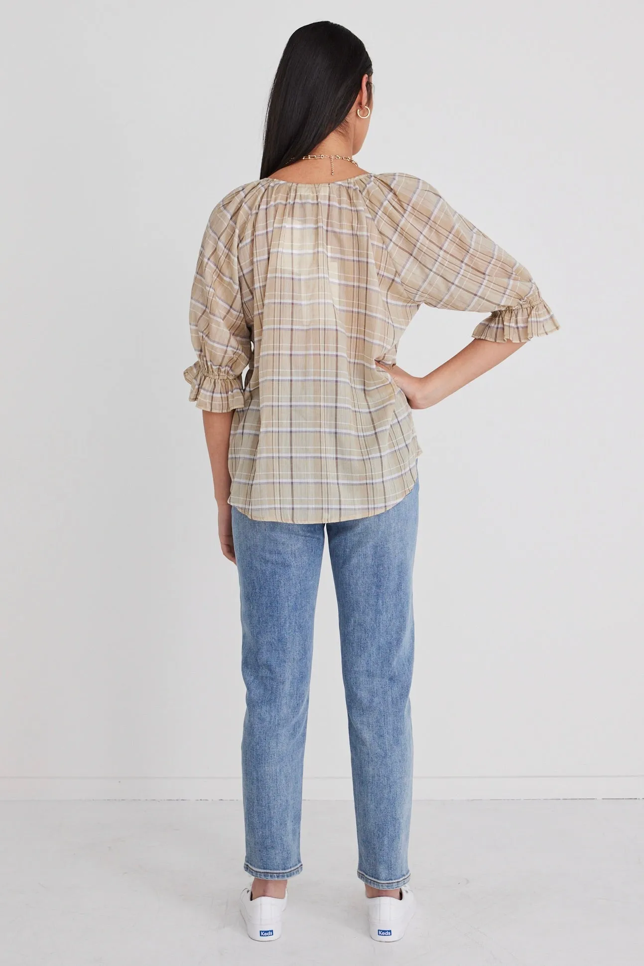 Frolic Beige Check Pintuck Tie Ss Top