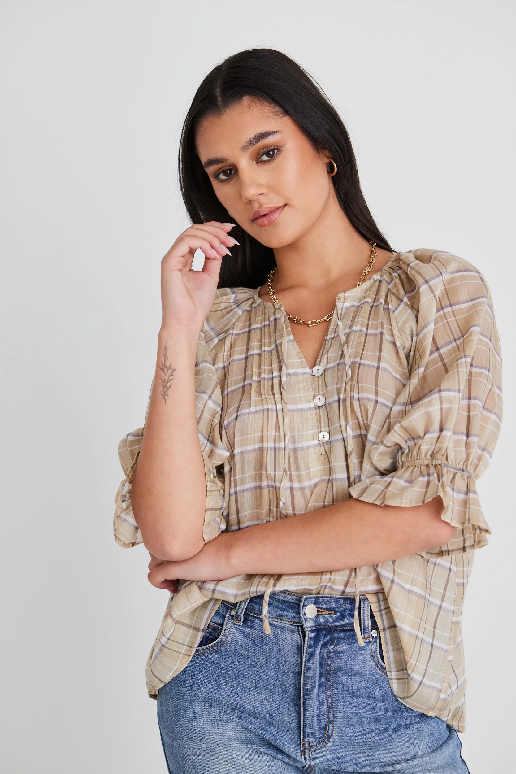 Frolic Beige Check Pintuck Tie Ss Top