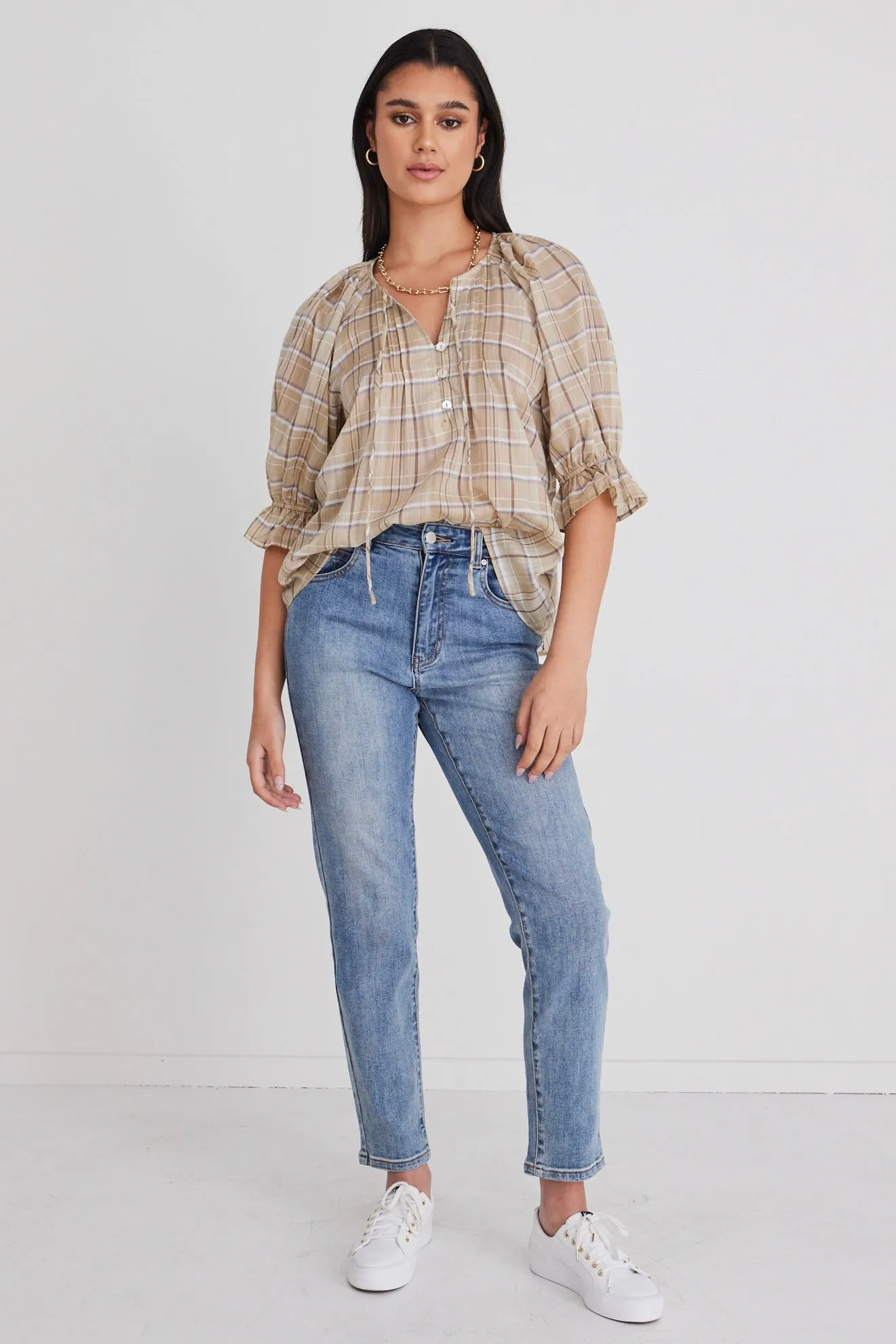 Frolic Beige Check Pintuck Tie Ss Top