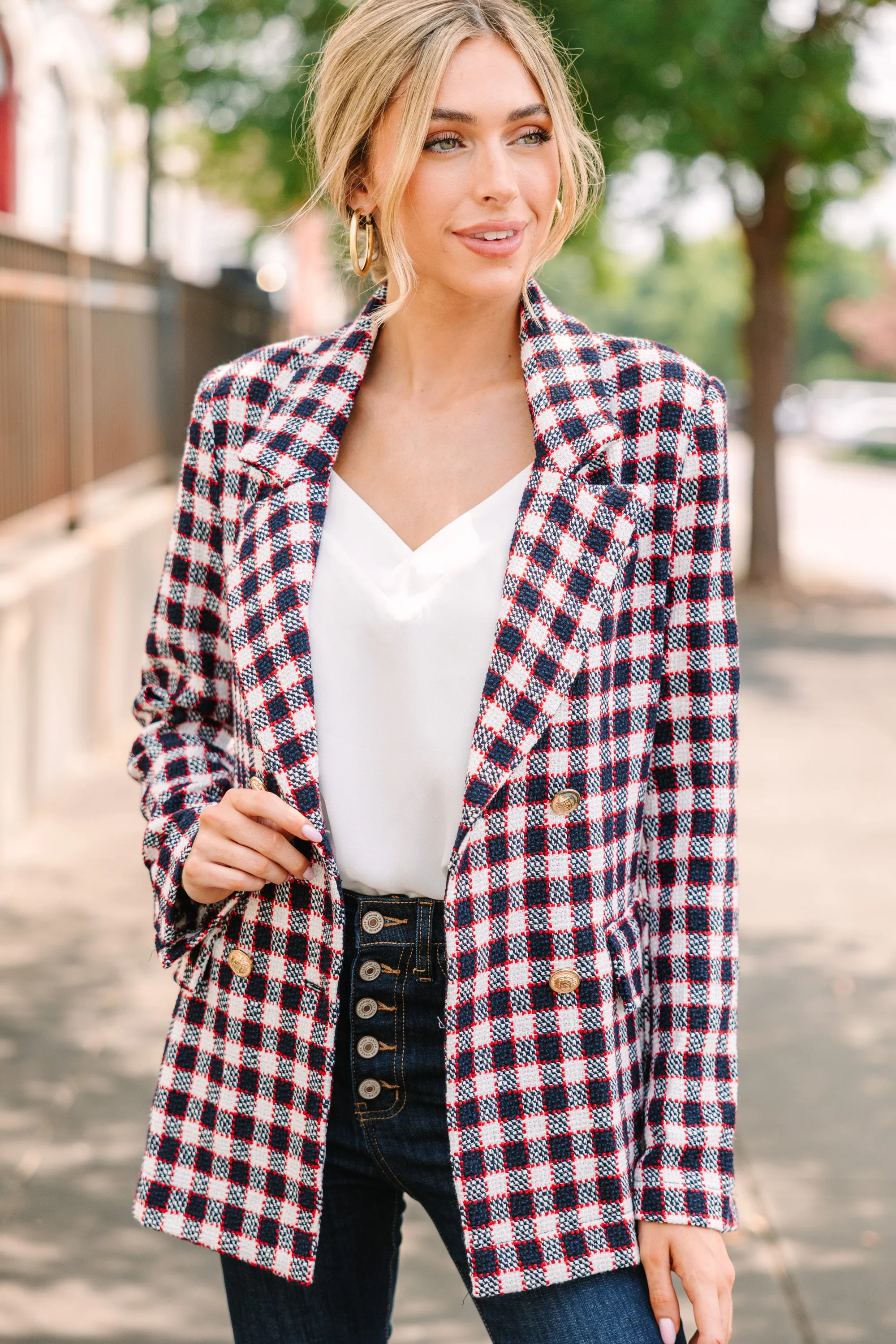 Get A Feeling Navy Blue Plaid Blazer