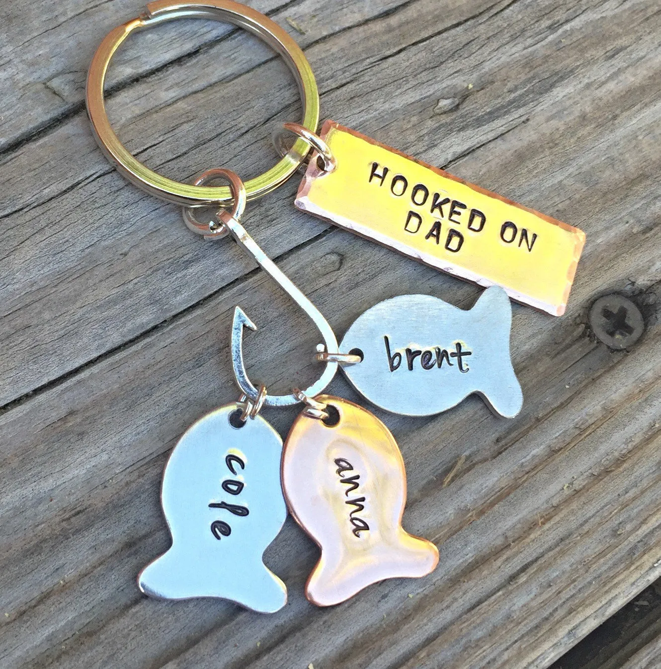 Hooked On Dad, Fishing Keychain, Our Best Catch Dad, Fish Keychain, Personalized Fishing Keychain, Hand Stamped, natashaaloha