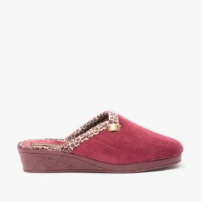 Ladies Bedroom Slippers Mule Wedge Heel Slip on Burgundy