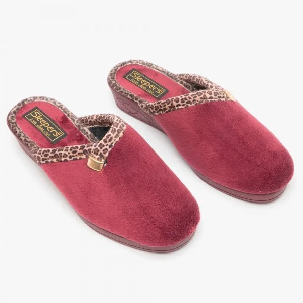 Ladies Bedroom Slippers Mule Wedge Heel Slip on Burgundy