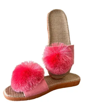 LADIES FASHION NOVELTY POM POM SLIDE SANDALS