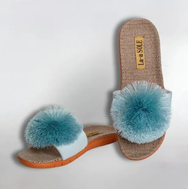 LADIES FASHION NOVELTY POM POM SLIDE SANDALS