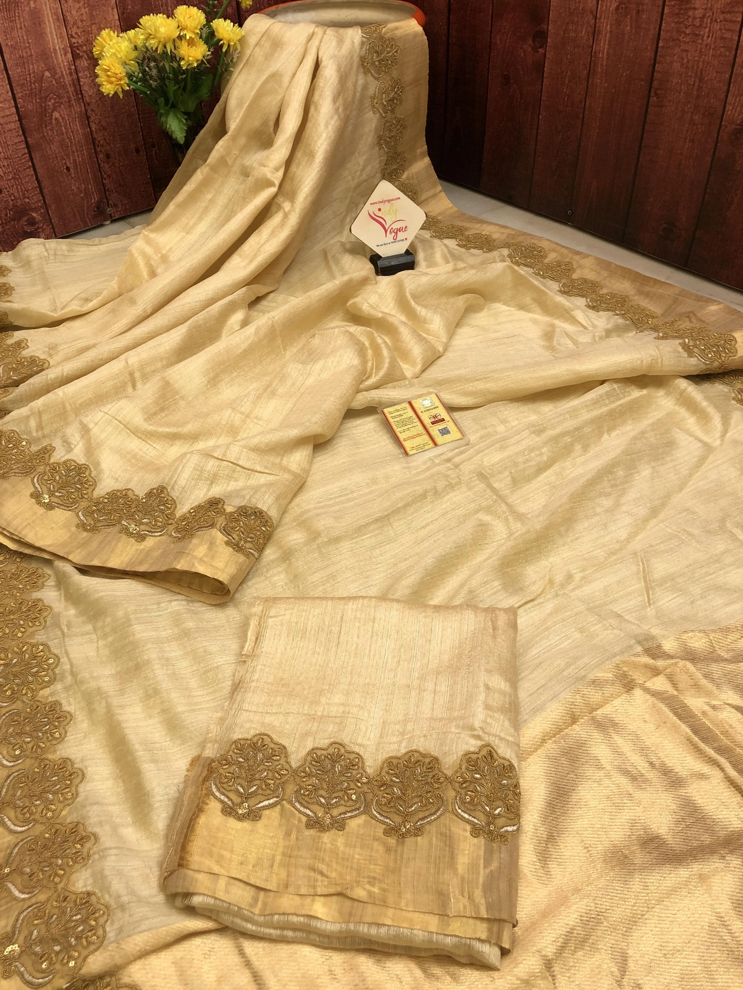 Light Golden Color Designer Tussar Saree with Zardozi Work