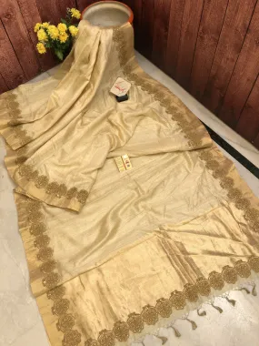 Light Golden Color Designer Tussar Saree with Zardozi Work