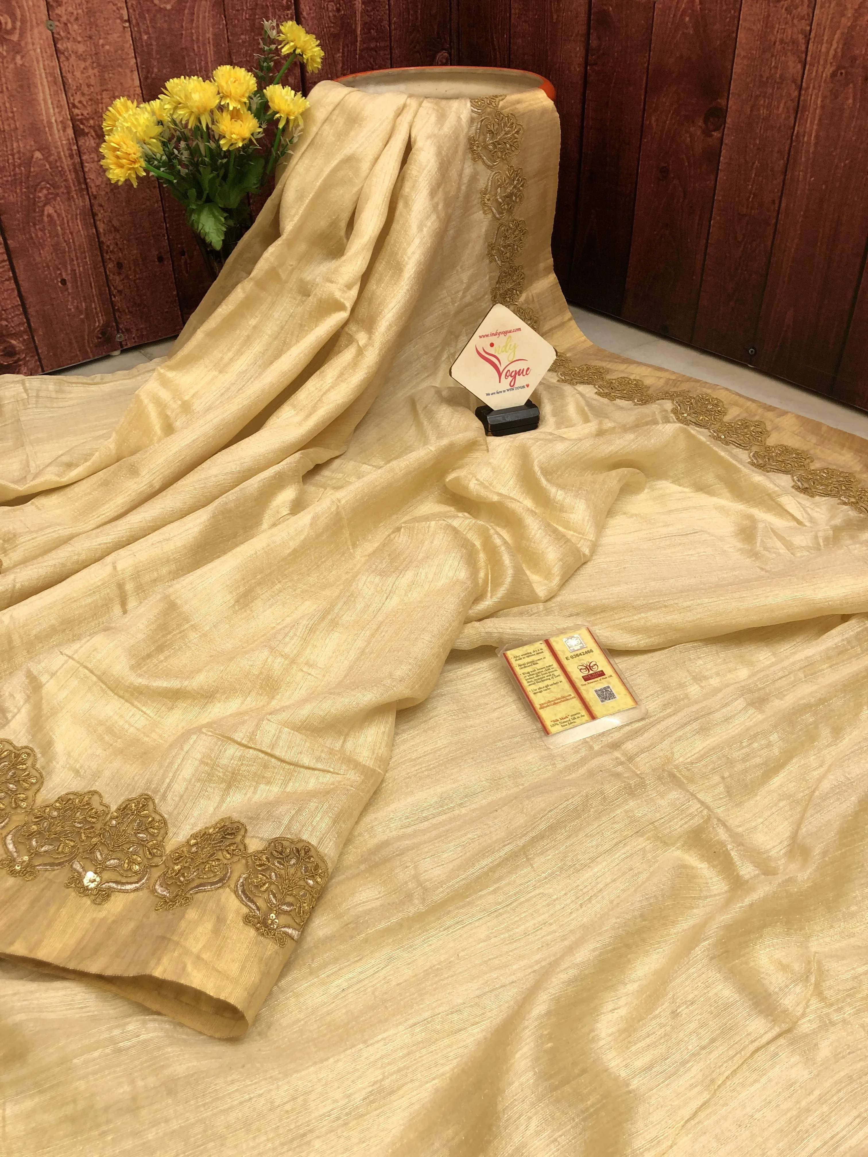 Light Golden Color Designer Tussar Saree with Zardozi Work