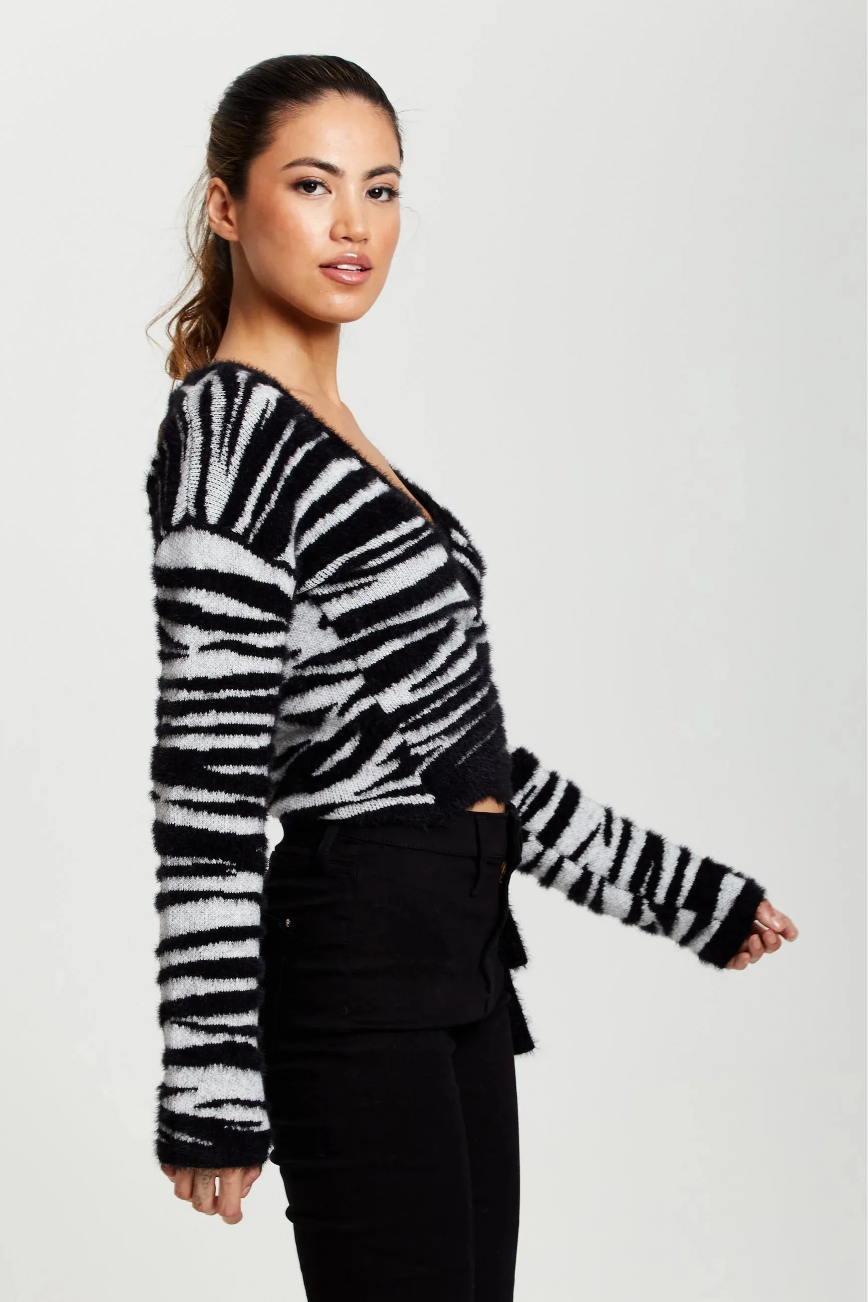 Liquorish Zebra Pattern Wrap Cardigan