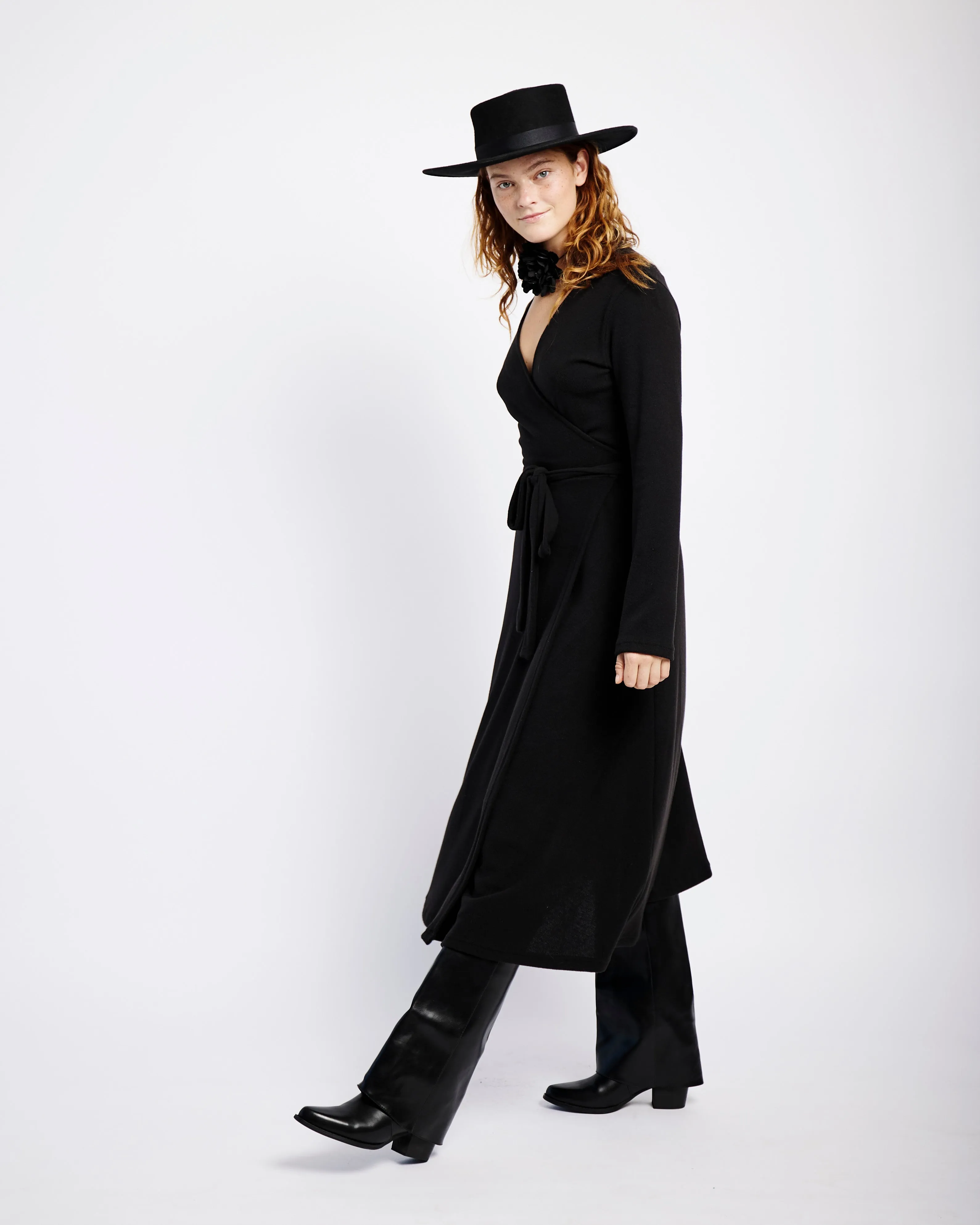 Longsleeve Cut and Sew Wrap Dress in Black