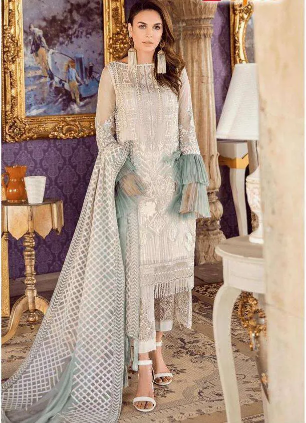 Majesty White Colored Partywear Embroidered Net Pant Style Kashmiri Suit 56001