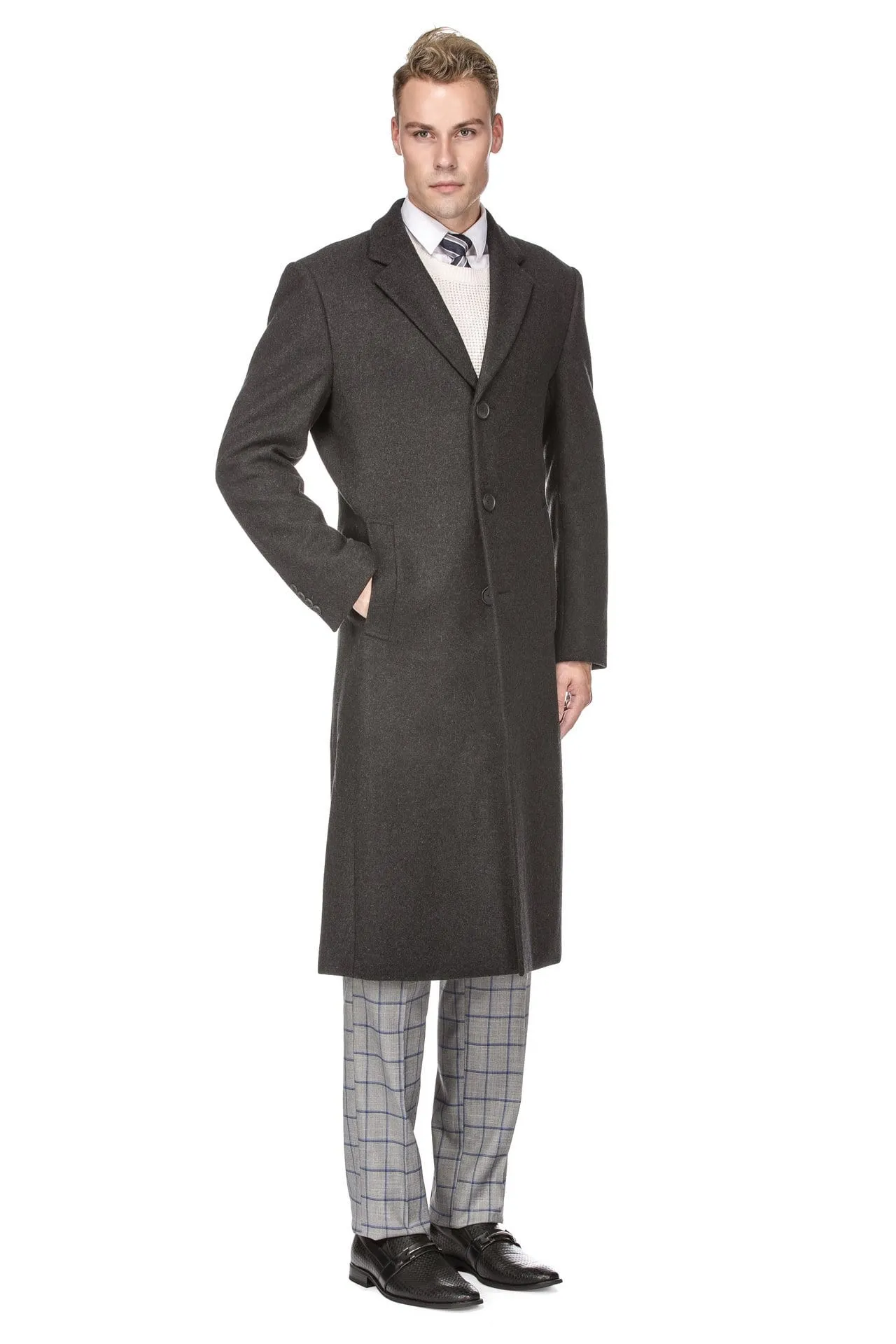 Men's Knee Length Wool Blend Three Button Long Jacket Overcoat Top Coat