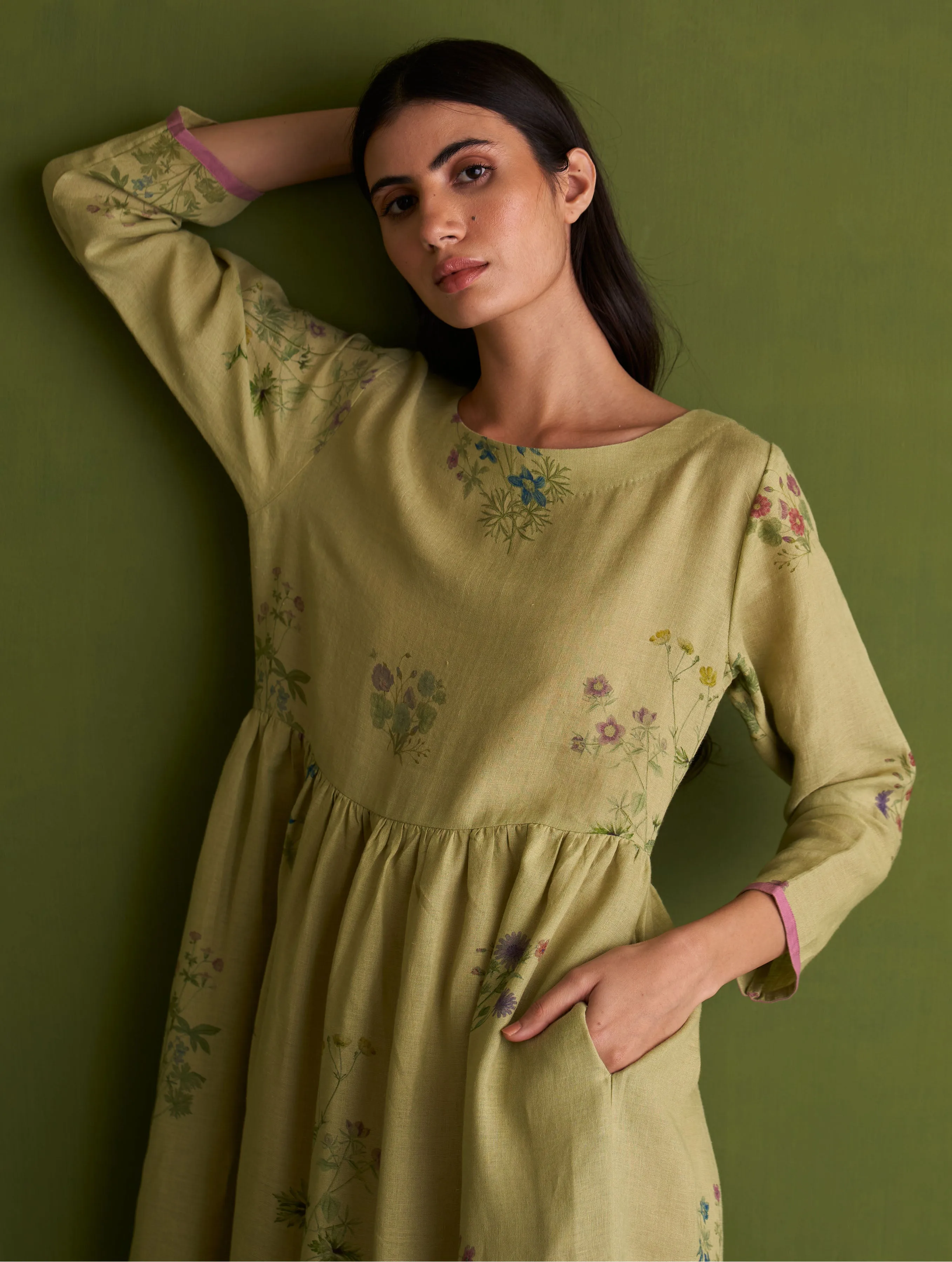 Misaki Botanical Linen Dress - Fern