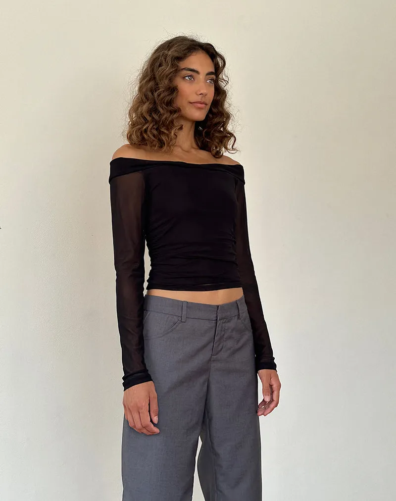 Nauri Long Sleeve Bardot Top in Mesh Black