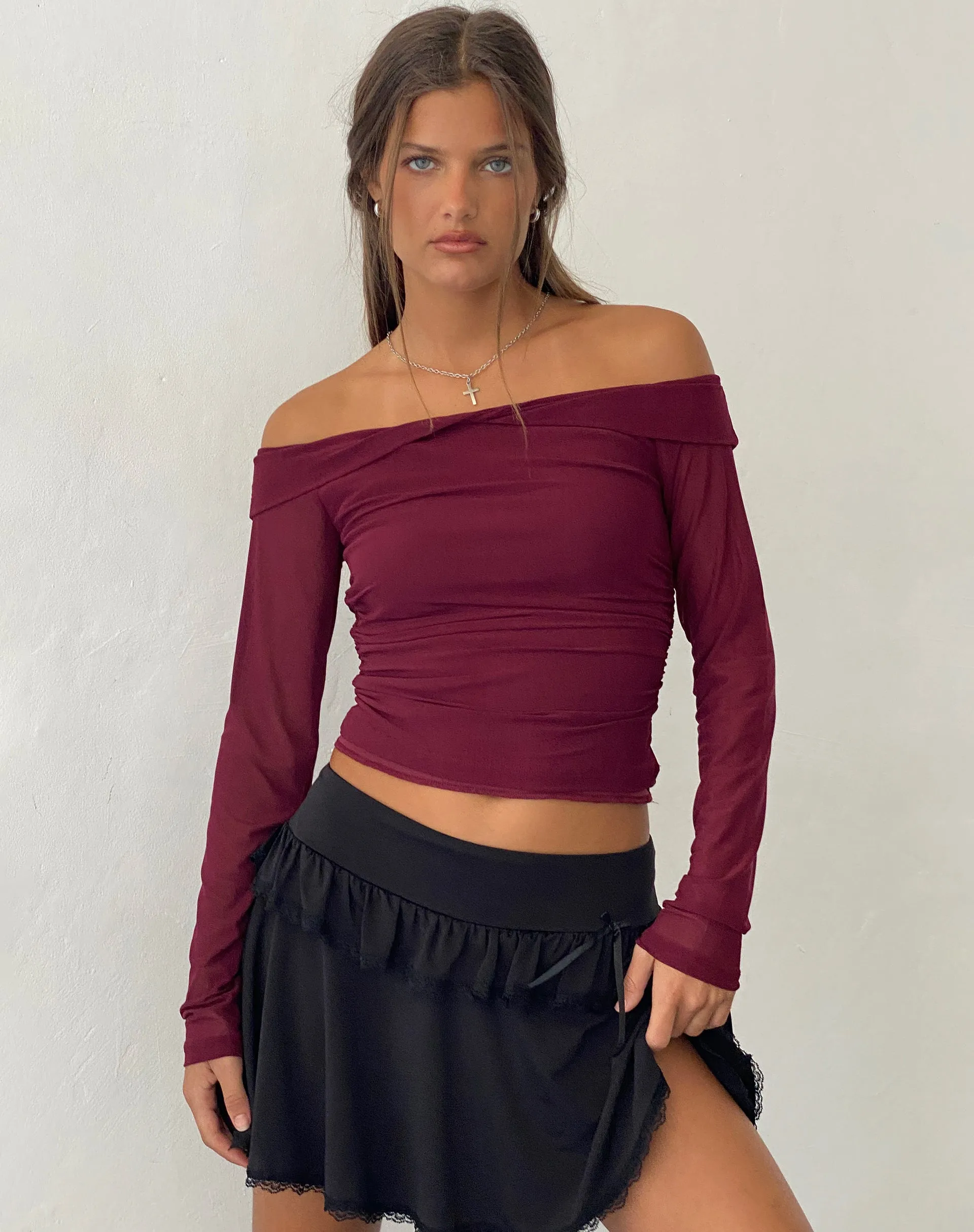 Nauri Mesh Bardot Top in Maroon