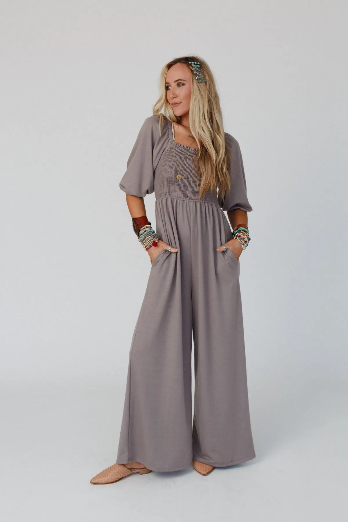 Nick Of Time Smocked Jumpsuit - Coco