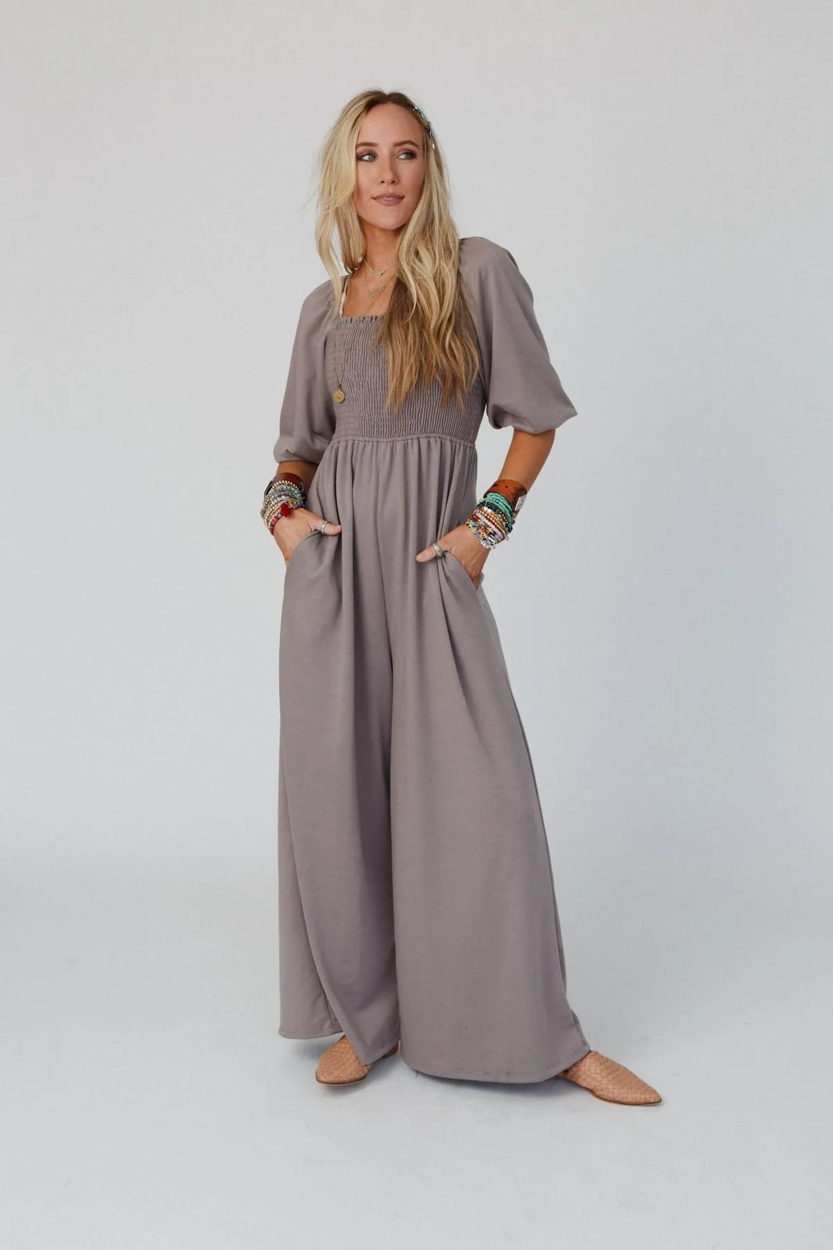 Nick Of Time Smocked Jumpsuit - Coco