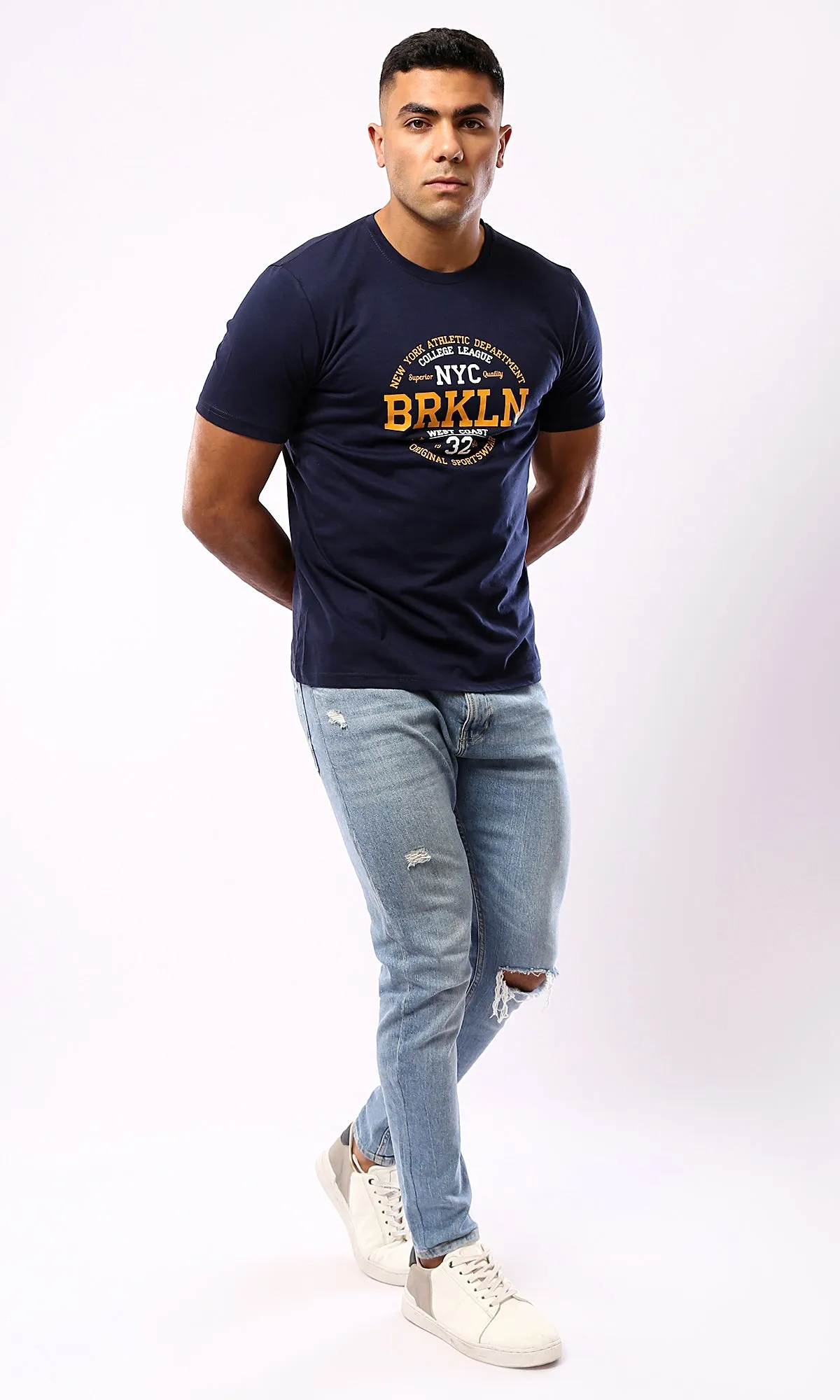 O179018 Round Neck Slip On Navy Blue Printed Tee