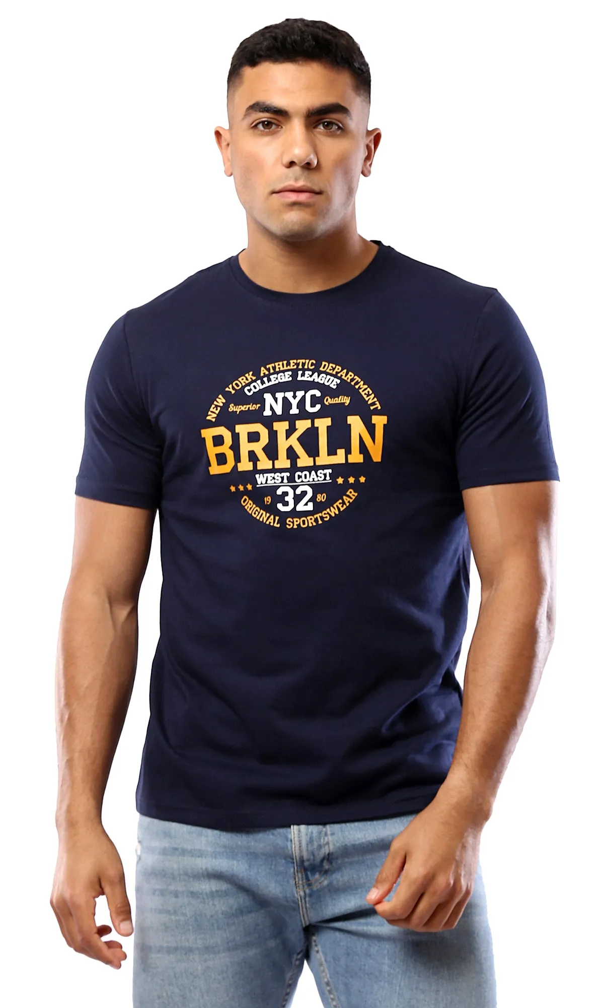 O179018 Round Neck Slip On Navy Blue Printed Tee