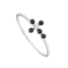 Pearled Cross Diamond Black Ring, White Gold, Size 4.75